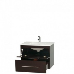 30 inch Single Bathroom Vanity in Espresso, White Man-Made Stone Countertop, Undermount Square Sink, and No Mirror