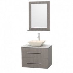 30 inch Single Bathroom Vanity in Gray Oak, White Carrera Marble Countertop, Pyra Bone Porcelain Sink, and 24 inch Mirror