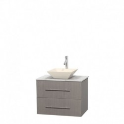 30 inch Single Bathroom Vanity in Gray Oak, White Carrera Marble Countertop, Pyra Bone Porcelain Sink, and No Mirror