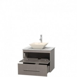 30 inch Single Bathroom Vanity in Gray Oak, White Carrera Marble Countertop, Pyra Bone Porcelain Sink, and No Mirror