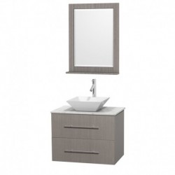 30 inch Single Bathroom Vanity in Gray Oak, White Carrera Marble Countertop, Pyra White Porcelain Sink, and 24 inch Mirror