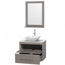 30 inch Single Bathroom Vanity in Gray Oak, White Carrera Marble Countertop, Pyra White Porcelain Sink, and 24 inch Mirror