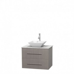 30 inch Single Bathroom Vanity in Gray Oak, White Carrera Marble Countertop, Pyra White Porcelain Sink, and No Mirror