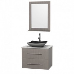 30 inch Single Bathroom Vanity in Gray Oak, White Carrera Marble Countertop, Altair Black Granite Sink, and 24 inch Mirror