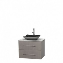 30 inch Single Bathroom Vanity in Gray Oak, White Carrera Marble Countertop, Altair Black Granite Sink, and No Mirror