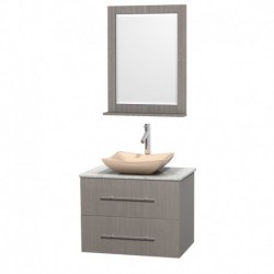 30 inch Single Bathroom Vanity in Gray Oak, White Carrera Marble Countertop, Avalon Ivory Marble Sink, and 24 inch Mirror
