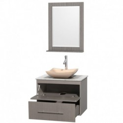 30 inch Single Bathroom Vanity in Gray Oak, White Carrera Marble Countertop, Avalon Ivory Marble Sink, and 24 inch Mirror