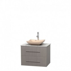 30 inch Single Bathroom Vanity in Gray Oak, White Carrera Marble Countertop, Avalon Ivory Marble Sink, and No Mirror