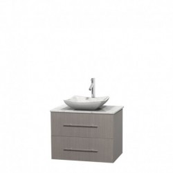 30 inch Single Bathroom Vanity in Gray Oak, White Carrera Marble Countertop, Avalon White Carrera Marble Sink, and No Mirror