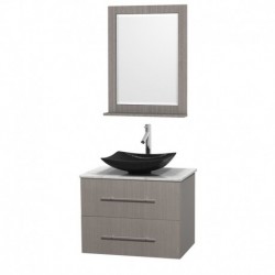 30 inch Single Bathroom Vanity in Gray Oak, White Carrera Marble Countertop, Arista Black Granite Sink, and 24 inch Mirror