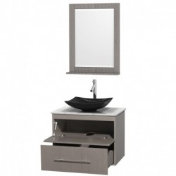 30 inch Single Bathroom Vanity in Gray Oak, White Carrera Marble Countertop, Arista Black Granite Sink, and 24 inch Mirror