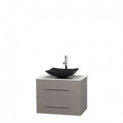30 inch Single Bathroom Vanity in Gray Oak, White Carrera Marble Countertop, Arista Black Granite Sink, and No Mirror