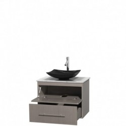 30 inch Single Bathroom Vanity in Gray Oak, White Carrera Marble Countertop, Arista Black Granite Sink, and No Mirror