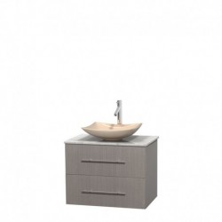 30 inch Single Bathroom Vanity in Gray Oak, White Carrera Marble Countertop, Arista Ivory Marble Sink, and No Mirror