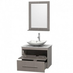 30 inch Single Bathroom Vanity in Gray Oak, White Carrera Marble Countertop, Arista White Carrera Marble Sink, and 24 inch Mirr