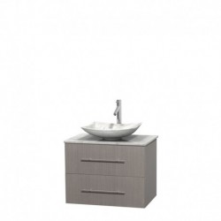 30 inch Single Bathroom Vanity in Gray Oak, White Carrera Marble Countertop, Arista White Carrera Marble Sink, and No Mirror