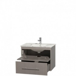 30 inch Single Bathroom Vanity in Gray Oak, White Carrera Marble Countertop, Undermount Square Sink, and No Mirror