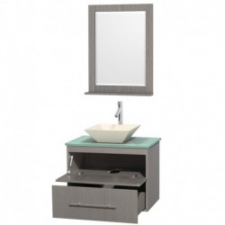 30 inch Single Bathroom Vanity in Gray Oak, Green Glass Countertop, Pyra Bone Porcelain Sink, and 24 inch Mirror