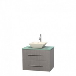 30 inch Single Bathroom Vanity in Gray Oak, Green Glass Countertop, Pyra Bone Porcelain Sink, and No Mirror