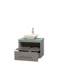 30 inch Single Bathroom Vanity in Gray Oak, Green Glass Countertop, Pyra Bone Porcelain Sink, and No Mirror