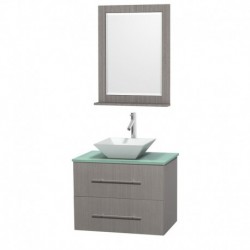 30 inch Single Bathroom Vanity in Gray Oak, Green Glass Countertop, Pyra White Porcelain Sink, and 24 inch Mirror