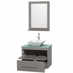 30 inch Single Bathroom Vanity in Gray Oak, Green Glass Countertop, Pyra White Porcelain Sink, and 24 inch Mirror