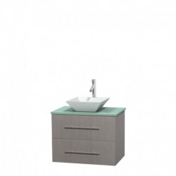 30 inch Single Bathroom Vanity in Gray Oak, Green Glass Countertop, Pyra White Porcelain Sink, and No Mirror