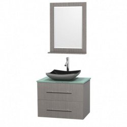 30 inch Single Bathroom Vanity in Gray Oak, Green Glass Countertop, Altair Black Granite Sink, and 24 inch Mirror