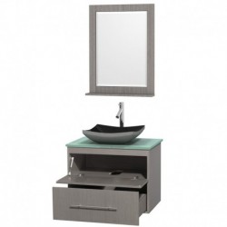 30 inch Single Bathroom Vanity in Gray Oak, Green Glass Countertop, Altair Black Granite Sink, and 24 inch Mirror