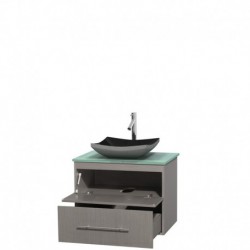 30 inch Single Bathroom Vanity in Gray Oak, Green Glass Countertop, Altair Black Granite Sink, and No Mirror