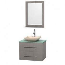 30 inch Single Bathroom Vanity in Gray Oak, Green Glass Countertop, Avalon Ivory Marble Sink, and 24 inch Mirror
