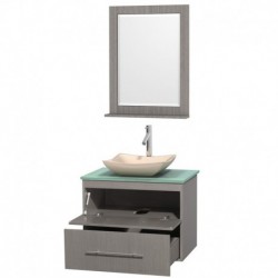 30 inch Single Bathroom Vanity in Gray Oak, Green Glass Countertop, Avalon Ivory Marble Sink, and 24 inch Mirror