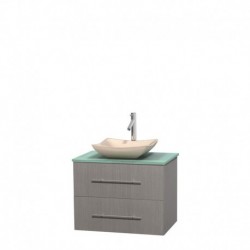 30 inch Single Bathroom Vanity in Gray Oak, Green Glass Countertop, Avalon Ivory Marble Sink, and No Mirror