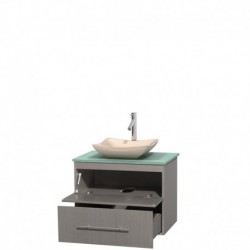 30 inch Single Bathroom Vanity in Gray Oak, Green Glass Countertop, Avalon Ivory Marble Sink, and No Mirror