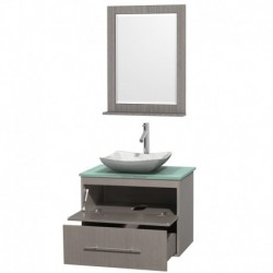 30 inch Single Bathroom Vanity in Gray Oak, Green Glass Countertop, Avalon White Carrera Marble Sink, and 24 inch Mirror