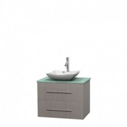 30 inch Single Bathroom Vanity in Gray Oak, Green Glass Countertop, Avalon White Carrera Marble Sink, and No Mirror