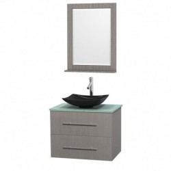 30 inch Single Bathroom Vanity in Gray Oak, Green Glass Countertop, Arista Black Granite Sink, and 24 inch Mirror