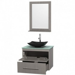 30 inch Single Bathroom Vanity in Gray Oak, Green Glass Countertop, Arista Black Granite Sink, and 24 inch Mirror