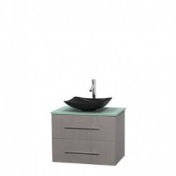 30 inch Single Bathroom Vanity in Gray Oak, Green Glass Countertop, Arista Black Granite Sink, and No Mirror
