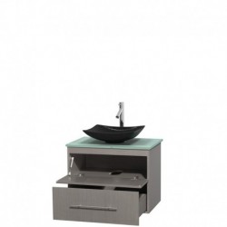 30 inch Single Bathroom Vanity in Gray Oak, Green Glass Countertop, Arista Black Granite Sink, and No Mirror
