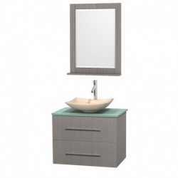 30 inch Single Bathroom Vanity in Gray Oak, Green Glass Countertop, Arista Ivory Marble Sink, and 24 inch Mirror