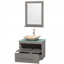 30 inch Single Bathroom Vanity in Gray Oak, Green Glass Countertop, Arista Ivory Marble Sink, and 24 inch Mirror