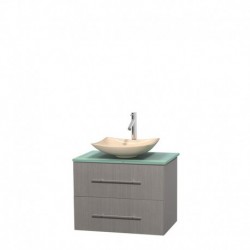 30 inch Single Bathroom Vanity in Gray Oak, Green Glass Countertop, Arista Ivory Marble Sink, and No Mirror