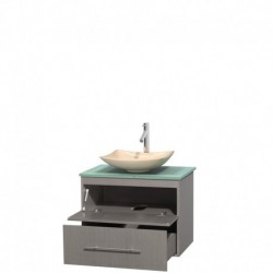 30 inch Single Bathroom Vanity in Gray Oak, Green Glass Countertop, Arista Ivory Marble Sink, and No Mirror