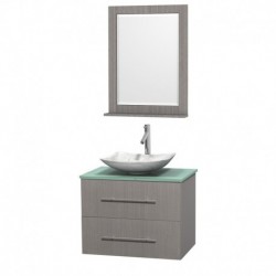 30 inch Single Bathroom Vanity in Gray Oak, Green Glass Countertop, Arista White Carrera Marble Sink, and 24 inch Mirror
