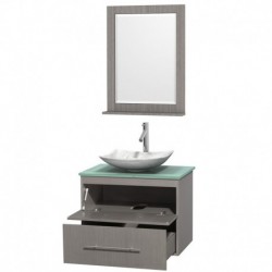 30 inch Single Bathroom Vanity in Gray Oak, Green Glass Countertop, Arista White Carrera Marble Sink, and 24 inch Mirror