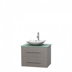 30 inch Single Bathroom Vanity in Gray Oak, Green Glass Countertop, Arista White Carrera Marble Sink, and No Mirror