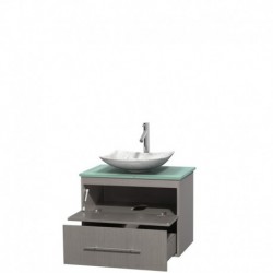 30 inch Single Bathroom Vanity in Gray Oak, Green Glass Countertop, Arista White Carrera Marble Sink, and No Mirror