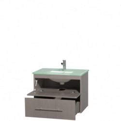 30 inch Single Bathroom Vanity in Gray Oak, Green Glass Countertop, Undermount Square Sink, and No Mirror