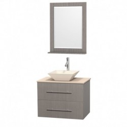 30 inch Single Bathroom Vanity in Gray Oak, Ivory Marble Countertop, Pyra Bone Porcelain Sink, and 24 inch Mirror